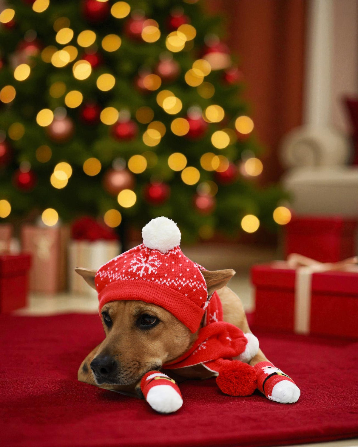 Christmas cold scarf - red with white fur balls T903R