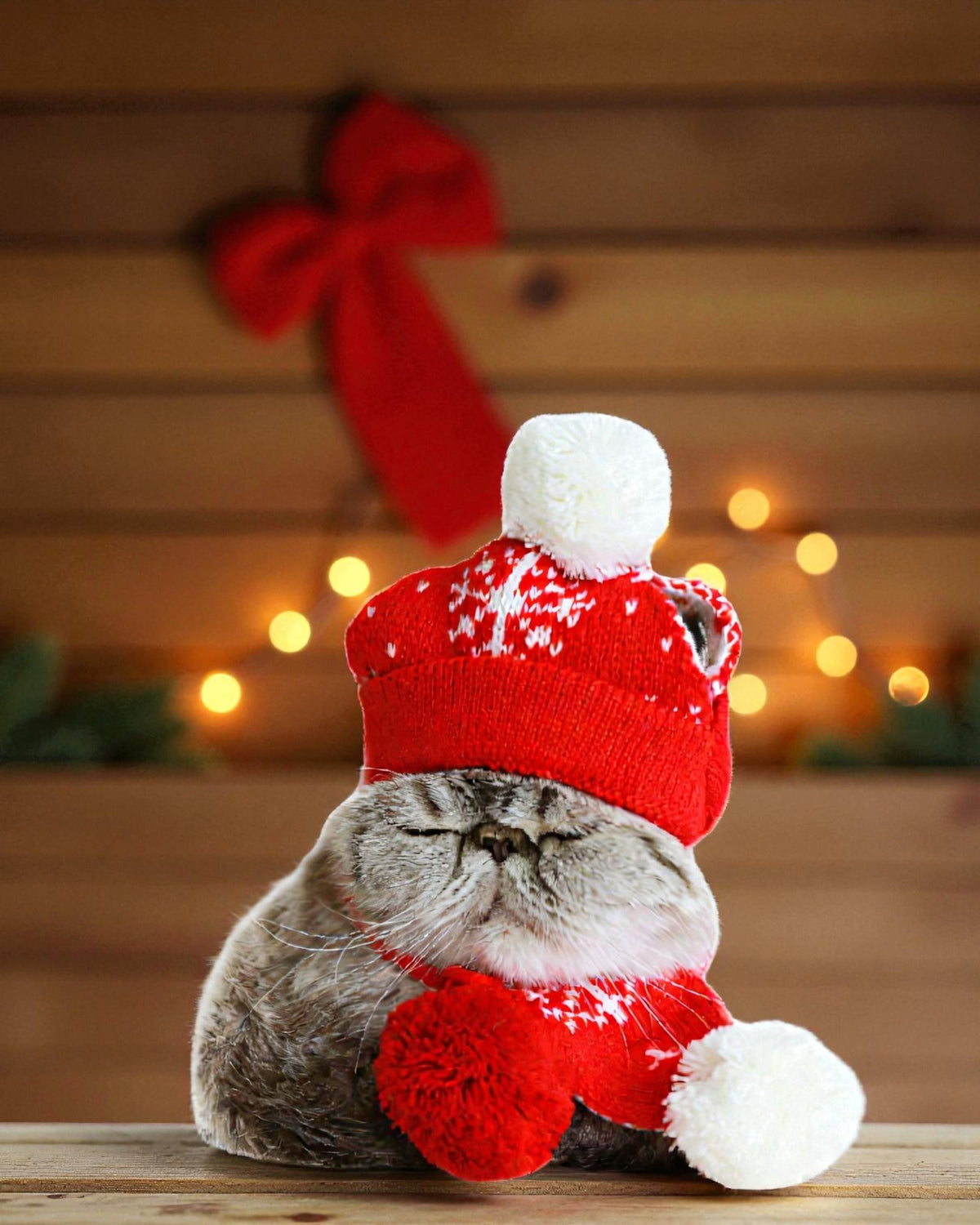 Christmas cold scarf - red with white fur balls T903R