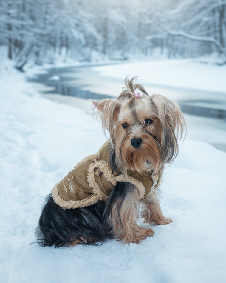 Dog wearing a sweater in a snowy landscape